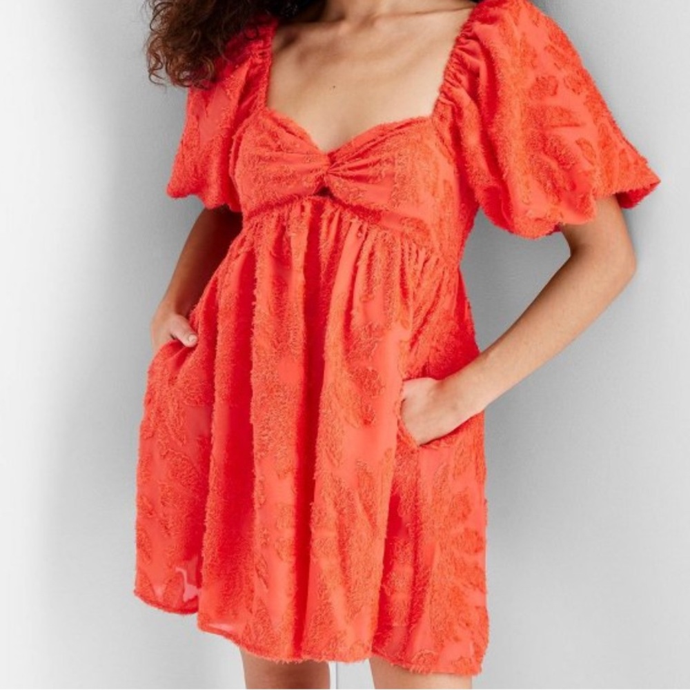 Orange Mini Dress with Puff Sleeves